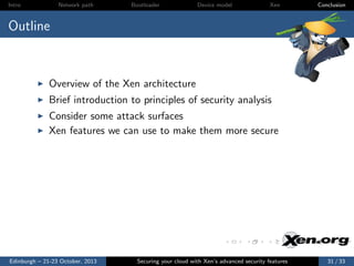 Intro

Network path

Bootloader

Device model

Xen

Conclusion

Outline

Overview of the Xen architecture
Brief introduction to principles of security analysis
Consider some attack surfaces
Xen features we can use to make them more secure

Edinburgh – 21-23 October, 2013

Securing your cloud with Xen’s advanced security features

31 / 33

 