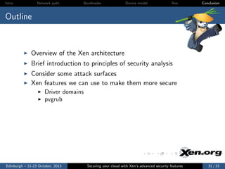 Intro

Network path

Bootloader

Device model

Xen

Conclusion

Outline

Overview of the Xen architecture
Brief introduction to principles of security analysis
Consider some attack surfaces
Xen features we can use to make them more secure
Driver domains
pvgrub

Edinburgh – 21-23 October, 2013

Securing your cloud with Xen’s advanced security features

31 / 33

 