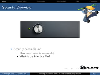 Intro

Network path

Bootloader

Device model

Xen

Conclusion

Security Overview

Security considerations
How much code is accessible?
What is the interface like?

Edinburgh – 21-23 October, 2013

Securing your cloud with Xen’s advanced security features

8 / 33

 