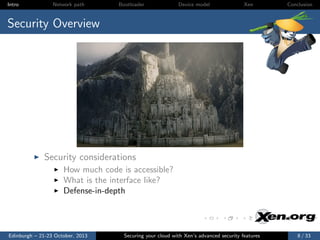 Intro

Network path

Bootloader

Device model

Xen

Conclusion

Security Overview

Security considerations
How much code is accessible?
What is the interface like?
Defense-in-depth

Edinburgh – 21-23 October, 2013

Securing your cloud with Xen’s advanced security features

8 / 33

 