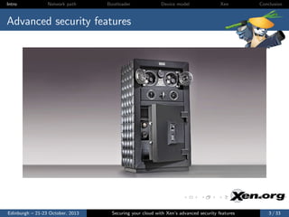 Intro

Network path

Bootloader

Device model

Xen

Conclusion

Advanced security features

Edinburgh – 21-23 October, 2013

Securing your cloud with Xen’s advanced security features

3 / 33

 