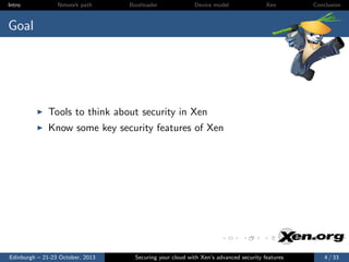 Intro

Network path

Bootloader

Device model

Xen

Conclusion

Goal

Tools to think about security in Xen
Know some key security features of Xen

Edinburgh – 21-23 October, 2013

Securing your cloud with Xen’s advanced security features

4 / 33

 
