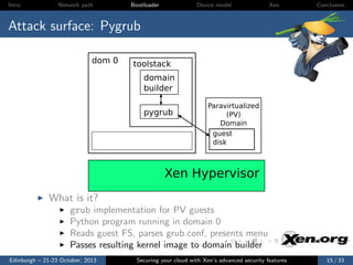 Intro

Network path

Bootloader

Device model

Xen

Conclusion

Attack surface: Pygrub
dom 0

toolstack
domain
builder
pygrub

Paravirtualized
(PV)
Domain
guest
disk

Xen Hypervisor
What is it?
grub implementation for PV guests
Python program running in domain 0
Reads guest FS, parses grub.conf, presents menu
Passes resulting kernel image to domain builder
Edinburgh – 21-23 October, 2013

Securing your cloud with Xen’s advanced security features

15 / 33

 