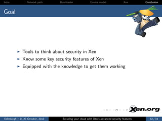 Intro

Network path

Bootloader

Device model

Xen

Conclusion

Goal

Tools to think about security in Xen
Know some key s...