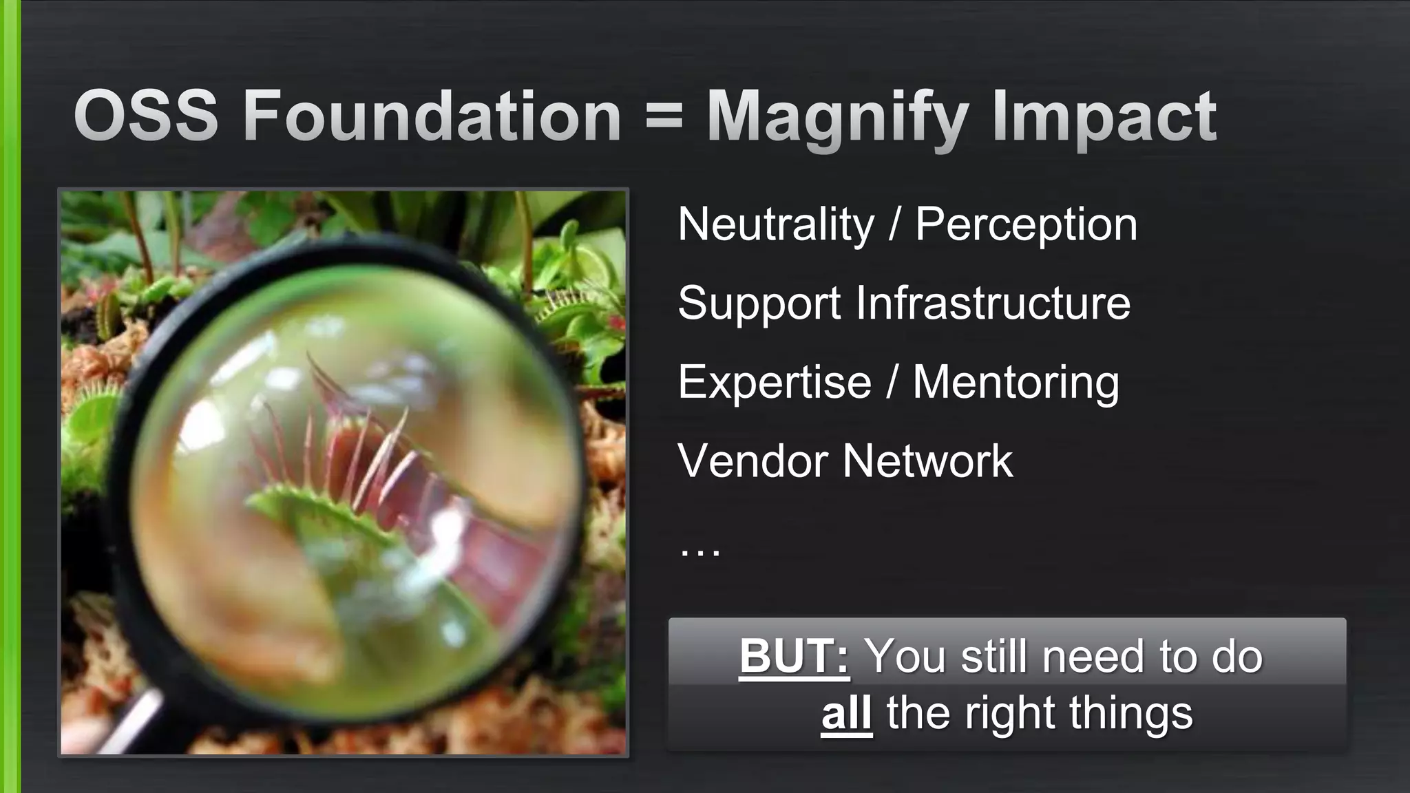 Neutrality / Perception 
Support Infrastructure 
Expertise / Mentoring 
Vendor Network 
… 
BUT: You still need to do 
all the right things 
 