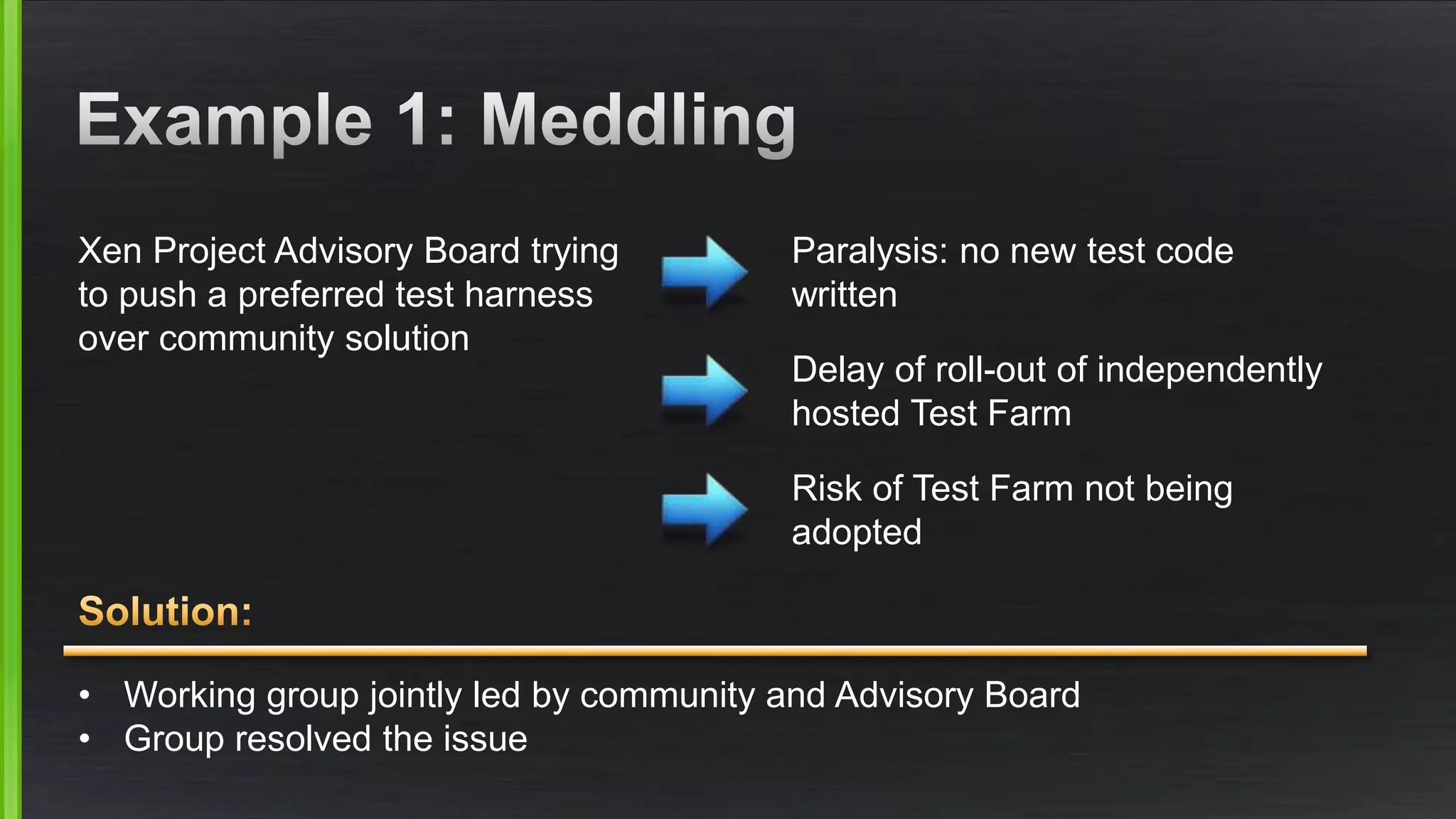 Xen Project Advisory Board trying 
to push a preferred test harness 
over community solution 
Paralysis: no new test code 
written 
Delay of roll-out of independently 
hosted Test Farm 
Risk of Test Farm not being 
adopted 
• Working group jointly led by community and Advisory Board 
• Group resolved the issue 
 