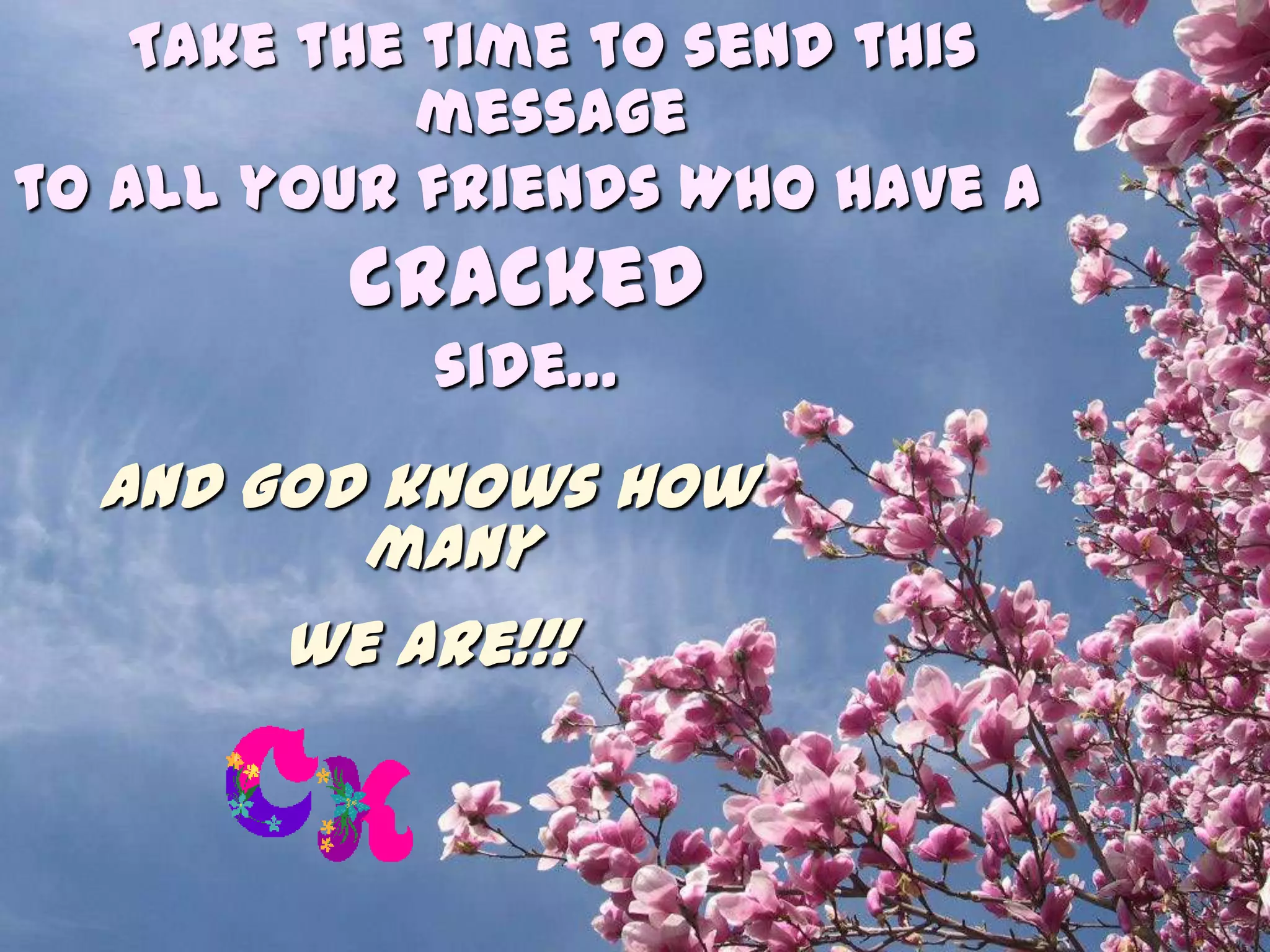 Take the time to send this message to all your friends Who have a cracked side…And God knows how many we are!!!