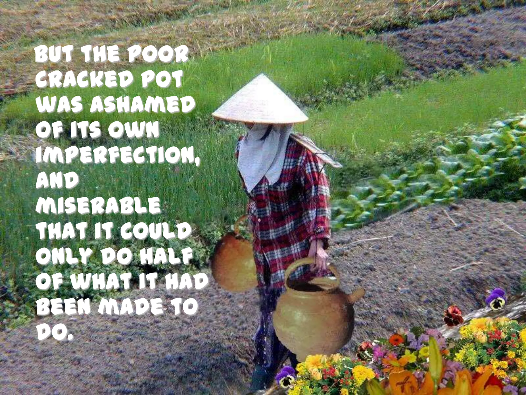 But the poor cracked pot was ashamed of its own imperfection, and miserable that it could only do half of what it had been made to do. 