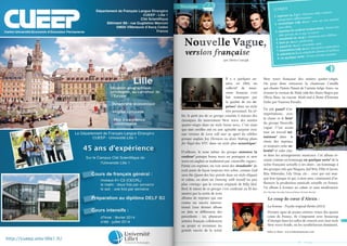 Musique

Nouvelle Vague,
version française
par Alexis Caucigh

© Paulien Verlackt

Il y a quelques années, en 2004, un
collectif de musiciens français s’est
fait remarquer par
la qualité de ses reprises1 dans un style
très personnel. En effet, le petit jeu de ce groupe consiste à rejouer des
classiques du mouvement New wave des années
quatre-vingts dans un style bossa nova. C’est ainsi
que mes oreilles ont eu une agréable surprise avec
une version de Love will tear us apart du célèbre
groupe anglais Joy Division ou alors Making plans
for Nigel des XTC dans un style plus acoustique2.
D’ailleurs, le nom même du groupe annonce la
couleur3 puisque bossa nova en portugais et new
wave en anglais se traduisent par «nouvelle vague».
Parmi ces reprises, on voit aussi des standards4 du
rock joués de façon toujours très sobre, comme God
save the Queen des Sex pistols dans un style élégant
et calme, ou alors un Dancing with myself un peu
plus «swing» que la version originale de Billy Idol.
Bref, le talent de ce groupe s’est conﬁrmé au ﬁl des
années par la sortie de trois
albums de reprises qui ont
connu un succès international. Leur dernier album
en date se diﬀérencie des
précédents : ici, plusieurs
artistes français collaborent
au projet et revisitent les
grands succès de la scène

connues
.) : chansons déjà
1. reprises (n. f.p
emment
rel,
interprétées diﬀér
avec un son natu
ue (adj. m.s.) :
2. acoustiq
sans eﬀets.
: donne une
eur (expression)
annonce la coul
3.
qui va suivre
idée précise de ce
très célèbres
m.p.) : chansons
4. standards (n.
: perfection
5. brio (n. m.s.)
varié
m.s.) : ensemble
iculeux
6. panel (n.
) : très précis, mét
dj. m.s.
7. minutieux (a
sence d’artiﬁces
.) : simplicité, ab
8. sobriété (n. f.s
rtaine manière
e sorte : d’une ce
9. en quelqu

New wave française des années quatre-vingts.
On peut donc retrouver la chanteuse Camille
qui chante Putain Putain de l’artiste belge Arno, ou
écouter la version de Mala vida des Mano Negra par
Olivia Ruiz, ou encore Week-end à Rome d’Etienne
Daho par Vanessa Paradis
..
Un joli panel5 d’interprétations, avec
la classe et le brio6
du groupe Nouvelle
vague. C’est avant
tout un travail minutieux7 dans le
choix des reprises,
et toujours cette sobriété8 et cette classe dans les arrangements musicaux. Cet album résonne comme un hommage en quelque sorte9 de la
scène française actuelle à ses aînés ; un hommage à
des groupes tels que Niagara, Jad Wio, Ellie et Jacno,
Rita Mitsouko, Lily Drop, etc… ceux qui ont marqué leur époque et qui, à mon sens, continuent d’inﬂuencer la production musicale actuelle en France.
Un album à écouter au calme et sans modération.

© ceb76bec

nouvelle vague

LEX IQUE

2011 Kwaidan Records/Universal Music Division Barclay

Le coup de cœur d’Alexis :
La Femme - Psycho tropical Berlin (2013)
Premier opus de jeunes artistes venus des quatre
coins de France, ils s’imposent avec beaucoup
d’énergie dans les salles de concert avec leur style
New wave froide, où les synthétiseurs dominent.
Infos et dates : www.lafemmemusic.com

lcf - Musique

5

 