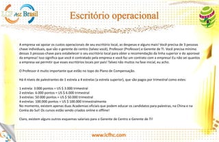 Nível de 1 Estrela, você deve ter, 20 indicados diretos no nível 1, esses 20 diretos, 6 são os preferenciais e 14
são cadastros reservas.
Escolhendo 1 dos 6 preferenciais e colocando 200 pessoas em uma matriz vertical 6 x 6 você bate rapidamente o
nível de 1 estrela, porem você perderá grandes lideres, pois a sua rede vai até 6 nível e o 7 nível não pertence
mais a você.
A estratégia correta é colocar uma boa quantidade na sua lateralidade pois cada uma delas valem 100 dólares para
você e focar em seus 6 preferenciais, construindo uma matriz 6 x 6 verticalmente, pois você precisara de 6 lideres
para alcançar os níveis de 2 ,3 e 4 estrelas, você poderá ter varias matrizes 6 x 6 simultâneas, visto que a matriz não é
forçada, poderá colocar quantas pessoas quiser na sua lateralidade
http://platinum.lcfhc.com
 