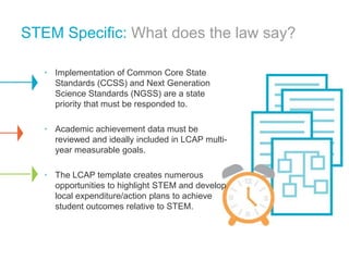 STEM Specific: What does the law say?
• Implementation of Common Core State
Standards (CCSS) and Next Generation
Science Standards (NGSS) are a state
priority that must be responded to.
• Academic achievement data must be
reviewed and ideally included in LCAP multiyear measurable goals.
• The LCAP template creates numerous
opportunities to highlight STEM and develop
local expenditure/action plans to achieve
student outcomes relative to STEM.

 