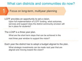 What can districts and communities do now?

1

Focus on long-term, multiyear planning

LCFF provides an opportunity to set a vision.
Upon full implementation of LCFF funding, what outcomes,
services and support does the district community envision will
be in place for students?

The LCAP is a three year plan.
What are the short term steps that can be achieved in the
next three year window to support the vision?

Each year the district has to adopt a budget aligned to the plan.
What strategic investments can be made next year that are
aligned and moving toward the vision?

 