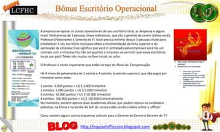 para
A empresa vai apoiar os custos operacionais de seu escritório local, as despesas e alguns
mais! Você precisa de 3 pessoas chave individuais, que são o gerente do centro (talvez você),
Professor (Palestrante) e Gerente de TI. Você precisa mínimo dessas 3 pessoas-chave para
estabelecer o seu escritório local para obter a recomendação da linha superior e do
aprovação da empresa! Isso significa que você é contratado pela empresa e você faz um
contrato com a empresa! Eu não sei quantos a empresa vai permitir que esses escritórios
locais por país! Talvez não muitos na fase inicial, eu acho.
O Professor é muito importante que estão no topo do Plano de Compensação.
Há 4 níveis de palestrantes de 1 estrela a 4 estrelas (a estrela superior), que são pagos por
trimestral como estes:
1 estrela: 3.000 pontos = US $ 3.000 trimestral
2 estrelas: 6.000 pontos = US $ 6.000 trimestral
3 estrelas: 50.000 pontos = US $ 50.000 trimestral
4 estrelas: 100.000 pontos = US $ 100.000 trimestralmente
No momento, existem apenas duas Academias oficiais que podem educar os candidatos
palestras, na China e na Coréia do Sul! Os cursos estão sendo criados online e offline!
Claro, existem alguns outros esquemas salariais para o Gerente de Centro e Gerente de TI!
http://equipelcfhccoin.blogspot.com
LCFHC
 