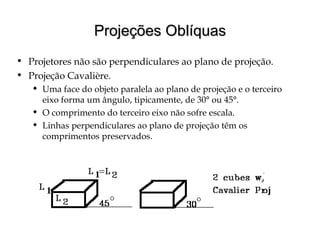 Projeções OblíquasProjeções Oblíquas
• Projetores não são perpendiculares ao plano de projeção.
• Projeção Cavalière.
 Uma face do objeto paralela ao plano de projeção e o terceiro
eixo forma um ângulo, tipicamente, de 30° ou 45°.
 O comprimento do terceiro eixo não sofre escala.
 Linhas perpendiculares ao plano de projeção têm os
comprimentos preservados.
 