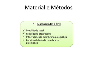 Material e Métodos

          Descongeladas a 37°C

   Motilidade total
   Motilidade progressiva
   Integridade da membrana plasmática
   Funcionalidade da membrana
    plasmática
 