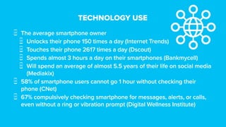 TECHNOLOGY USE
The average smartphone owner
Unlocks their phone 150 times a day (Internet Trends)
Touches their phone 2617...