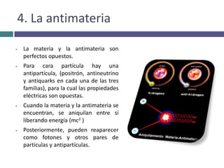  4 tipos de fuerzas Bosones 1.1. Diferencias entre Quarks y LeptonesSe ven afectados por la fuerza nuclear fuerte (Hadrones) Los quarks aparecen en grupos de tres (Bariones) Ejemplo: Protones y los Neutrones de dos  un quarks y un antiquark (Mesones)Ejemplo: Piones y kaonesNo se ven afectados por la fuerza nuclear fuertePueden existir aisladosQuarksLeptones