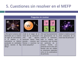2. Fuerzas fundamentales en el MEFP El Modelo estándar de Física de Partículas señala tres fuerzas fundamentales en la materia del universo:
