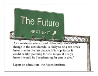 “As it relates to science and technology, the rate of
change in the next decade, is likely to be 4 to7 times
faster than in the last decade. If it is 4x faster it
would be like planning for 2011 in 1911, if it is 7x
faster it would be like planning for 2011 in 1670.”

Expert on education- the Aspen Institute
 