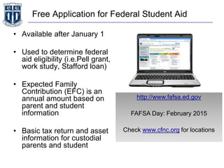 Free Application for Federal Student Aid
• Available after January 1
• Used to determine federal
aid eligibility (i.e.Pell grant,
work study, Stafford loan)
• Expected Family
Contribution (EFC) is an
annual amount based on
parent and student
information
• Basic tax return and asset
information for custodial
parents and student
http://www.fafsa.ed.gov
FAFSA Day: February 2015
Check www.cfnc.org for locations
 