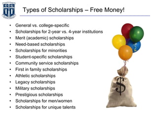 Types of Scholarships – Free Money!
• General vs. college-specific
• Scholarships for 2-year vs. 4-year institutions
• Merit (academic) scholarships
• Need-based scholarships
• Scholarships for minorities
• Student-specific scholarships
• Community service scholarships
• First in family scholarships
• Athletic scholarships
• Legacy scholarships
• Military scholarships
• Prestigious scholarships
• Scholarships for men/women
• Scholarships for unique talents
 