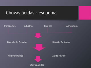 Chuvas ácidas - esquema
Transportes Industria Lixeiras Agricultura
Dióxido De Enxofre Dióxido De Azoto
Acido Sulfúrico Acido Nítrico
Chuvas Ácidas
 