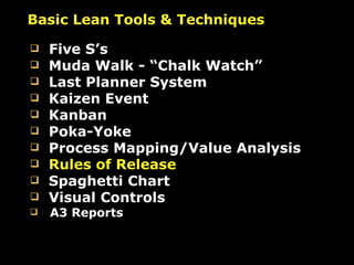Five S’s Muda Walk - “Chalk Watch” Last Planner System Kaizen Event Kanban Poka-Yoke Process Mapping/Value Analysis Rules of Release Spaghetti Chart Visual Controls A3 Reports Basic Lean Tools & Techniques 