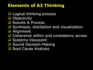 Elements of A3 Thinking Logical thinking process Objectivity Results & Process Synthesis, distillation and visualization Alignment Coherence within and consistency across Systems Viewpoint Sound Decision-Making Root Cause Analysis 