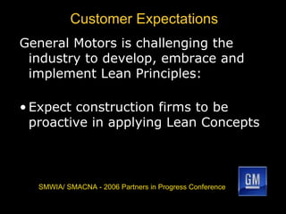 Customer Expectations General Motors is challenging the industry to develop, embrace and implement Lean Principles: Expect construction firms to be proactive in applying Lean Concepts SMWIA/ SMACNA - 2006 Partners in Progress Conference 