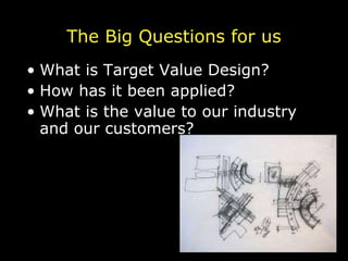 The Big Questions for us What is Target Value Design? How has it been applied? What is the value to our industry and our customers? 