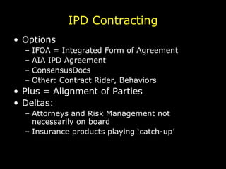 IPD Contracting Options IFOA = Integrated Form of Agreement AIA IPD Agreement ConsensusDocs Other: Contract Rider, Behaviors Plus = Alignment of Parties Deltas: Attorneys and Risk Management not necessarily on board Insurance products playing ‘catch-up’ 