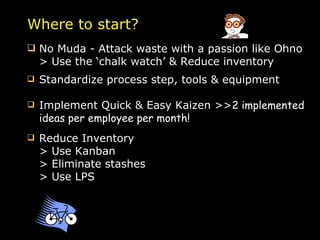 No Muda - Attack waste with a passion like Ohno  > Use the ‘chalk watch’ & Reduce inventory Standardize process step, tools & equipment Implement Quick & Easy Kaizen >> 2 implemented ideas per employee per month! Reduce Inventory > Use Kanban > Eliminate stashes > Use LPS Where to start? 