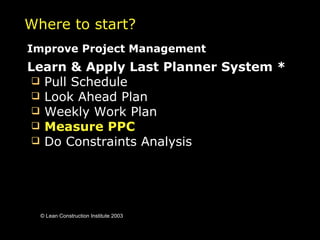 Improve Project Management Learn & Apply Last Planner System * Pull Schedule Look Ahead Plan Weekly Work Plan Measure PPC   Do Constraints Analysis Where to start? © Lean Construction Institute 2003 