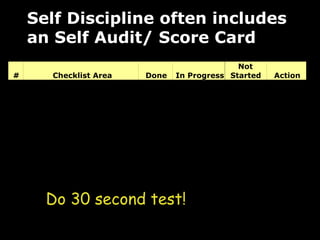Self Discipline often includes  an Self Audit/ Score Card Do 30 second test! 