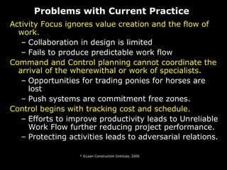 * ©Lean Construction Institute, 2009 Activity Focus ignores value creation and the flow of work. Collaboration in design is limited Fails to produce predictable work flow Command and Control planning cannot coordinate the arrival of the wherewithal or work of specialists . Opportunities for trading ponies for horses are lost Push systems are commitment free zones.  Control begins with tracking cost and schedule. Efforts to improve productivity leads to Unreliable Work Flow further reducing project performance.  Protecting activities leads to adversarial relations.   Problems with Current Practice 