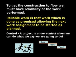To get the construction to flow we must have reliability of the work performed. Reliable work is that work which is done as promised allowing the next work assignment to be started as planned. Control - A project is  under control  when we can do what we say we are going to do! Task 1 Task 2 Task 3 