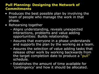 Pull Planning: Designing the Network of Commitments Produces the best possible plan by involving the team of people who manage the work in that phase. Rehearsing together  Aligns understanding, reveals unexpected interactions, problems and value adding opportunities: Builds relationship. Assures that everyone in a phase understands and supports the plan by the working as a team. Assures the selection of value adding tasks that release other work by working backwards from the target completion date to produce a “ pull”  schedule. Establishes the amount of time available for ‘contingency’ and how it should be allocated. 
