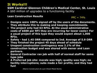 It Works!!!   SSM Cardinal Glennon Children's Medical Center, St. Louis A $60 million of upgrades to a functioning facility Lean Construction Results Designs were 100% signed off by the users of the documents. They attribute this to making and keeping commitments.  The project only had 63 RFIs. At the usual administrative costs of $600 per RFI they are incurring far lower costs> For a usual project of this type they would expect about 1,000 RFIs. Safety - had 1.45 ORR compared to Ind. Average of 5.9 ORR They finished the project 45 days ahead of schedule Unspent construction contingency was 2.1% of the construction budget and was shared with owner and Lean partners. General Contractor ran job with half of normal staff for same type jobs A Preferred job site: morale was high; quality was high; no facility interruptions; subs made a fair profits; and they had fun! PPC = 74% Alberici Constructors & Lyon Sheet Metal Works 