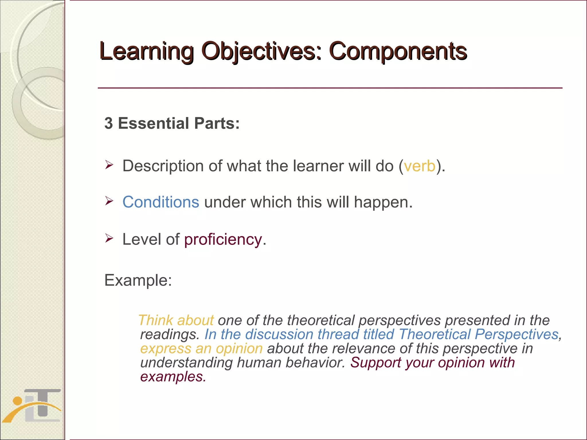 Learning Objectives: Components 3 Essential Parts: Description of what the learner will do ( verb ). Conditions  under which this will happen. Level of  proficiency . Example:  Think about  one of the theoretical perspectives presented in the readings.  In the discussion thread titled Theoretical Perspectives ,  express an opinion  about the relevance of this perspective in understanding human behavior.  Support your opinion with examples. 