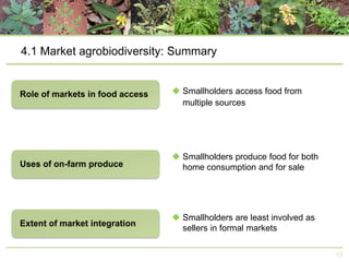 4.1 Market agrobiodiversity: Summary
 Smallholders access food from
multiple sources

 Smallholders produce food for both
home consumption and for sale

 Smallholders are least involved as
sellers in formal markets
13

 