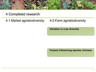 4 Completed research
4.1 Market agrobiodiversity

4.2 Farm agrobiodiversity

15

 