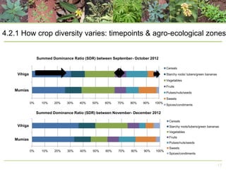 4.2.1 How crop diversity varies: timepoints & agro-ecological zones

Summed Dominance Ratio (SDR) between September- October 2012
Cereals

Vihiga

Starchy roots/ tubers/green bananas
Vegetables
Fruits

Mumias

Pulses/nuts/seeds

Sweets
0%

10%

20%

30%

40%

50%

60%

70%

80%

90%

100%

Spices/condiments

Summed Dominance Ratio (SDR) between November- December 2012
Cereals

Vihiga

Starchy roots/tubers/green bananas
Vegetables
Fruits

Mumias

Pulses/nuts/seeds
0%

10%

20%

30%

40%

50%

60%

70%

80%

90%

100%

Sweets
Spices/condiments

17

 