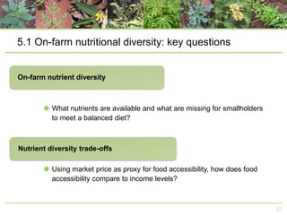5.1 On-farm nutritional diversity: key questions

 What nutrients are available and what are missing for smallholders
to meet a balanced diet?

 Using market price as proxy for food accessibility, how does food
accessibility compare to income levels?

23

 