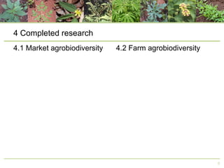 4 Completed research
4.1 Market agrobiodiversity

4.2 Farm agrobiodiversity

8

 