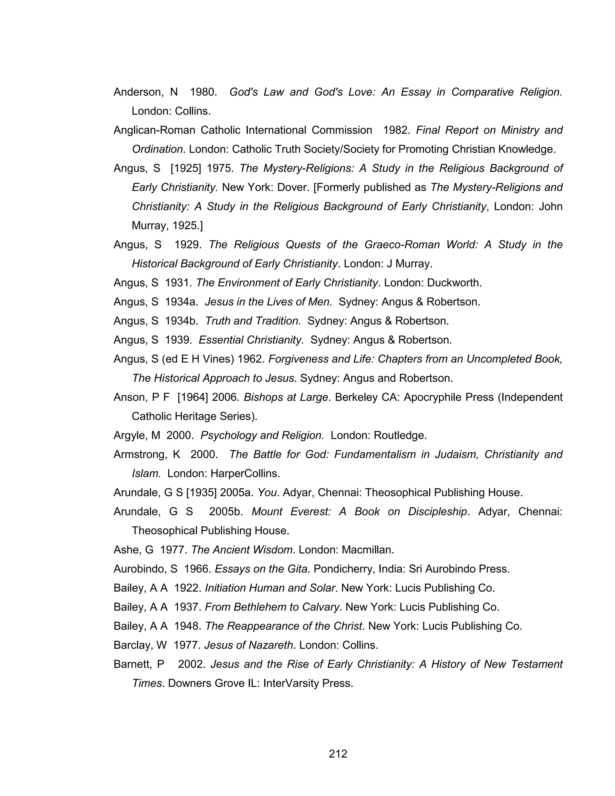 212 
Anderson, N 1980. God's Law and God's Love: An Essay in Comparative Religion. London: Collins. 
Anglican-Roman Catholic International Commission 1982. Final Report on Ministry and Ordination. London: Catholic Truth Society/Society for Promoting Christian Knowledge. 
Angus, S [1925] 1975. The Mystery-Religions: A Study in the Religious Background of Early Christianity. New York: Dover. [Formerly published as The Mystery-Religions and Christianity: A Study in the Religious Background of Early Christianity, London: John Murray, 1925.] 
Angus, S 1929. The Religious Quests of the Graeco-Roman World: A Study in the Historical Background of Early Christianity. London: J Murray. 
Angus, S 1931. The Environment of Early Christianity. London: Duckworth. 
Angus, S 1934a. Jesus in the Lives of Men. Sydney: Angus & Robertson. 
Angus, S 1934b. Truth and Tradition. Sydney: Angus & Robertson. 
Angus, S 1939. Essential Christianity. Sydney: Angus & Robertson. 
Angus, S (ed E H Vines) 1962. Forgiveness and Life: Chapters from an Uncompleted Book, The Historical Approach to Jesus. Sydney: Angus and Robertson. 
Anson, P F [1964] 2006. Bishops at Large. Berkeley CA: Apocryphile Press (Independent Catholic Heritage Series). 
Argyle, M 2000. Psychology and Religion. London: Routledge. 
Armstrong, K 2000. The Battle for God: Fundamentalism in Judaism, Christianity and Islam. London: HarperCollins. 
Arundale, G S [1935] 2005a. You. Adyar, Chennai: Theosophical Publishing House. 
Arundale, G S 2005b. Mount Everest: A Book on Discipleship. Adyar, Chennai: Theosophical Publishing House. 
Ashe, G 1977. The Ancient Wisdom. London: Macmillan. 
Aurobindo, S 1966. Essays on the Gita. Pondicherry, India: Sri Aurobindo Press. 
Bailey, A A 1922. Initiation Human and Solar. New York: Lucis Publishing Co. 
Bailey, A A 1937. From Bethlehem to Calvary. New York: Lucis Publishing Co. 
Bailey, A A 1948. The Reappearance of the Christ. New York: Lucis Publishing Co. 
Barclay, W 1977. Jesus of Nazareth. London: Collins. 
Barnett, P 2002. Jesus and the Rise of Early Christianity: A History of New Testament Times. Downers Grove IL: InterVarsity Press.  