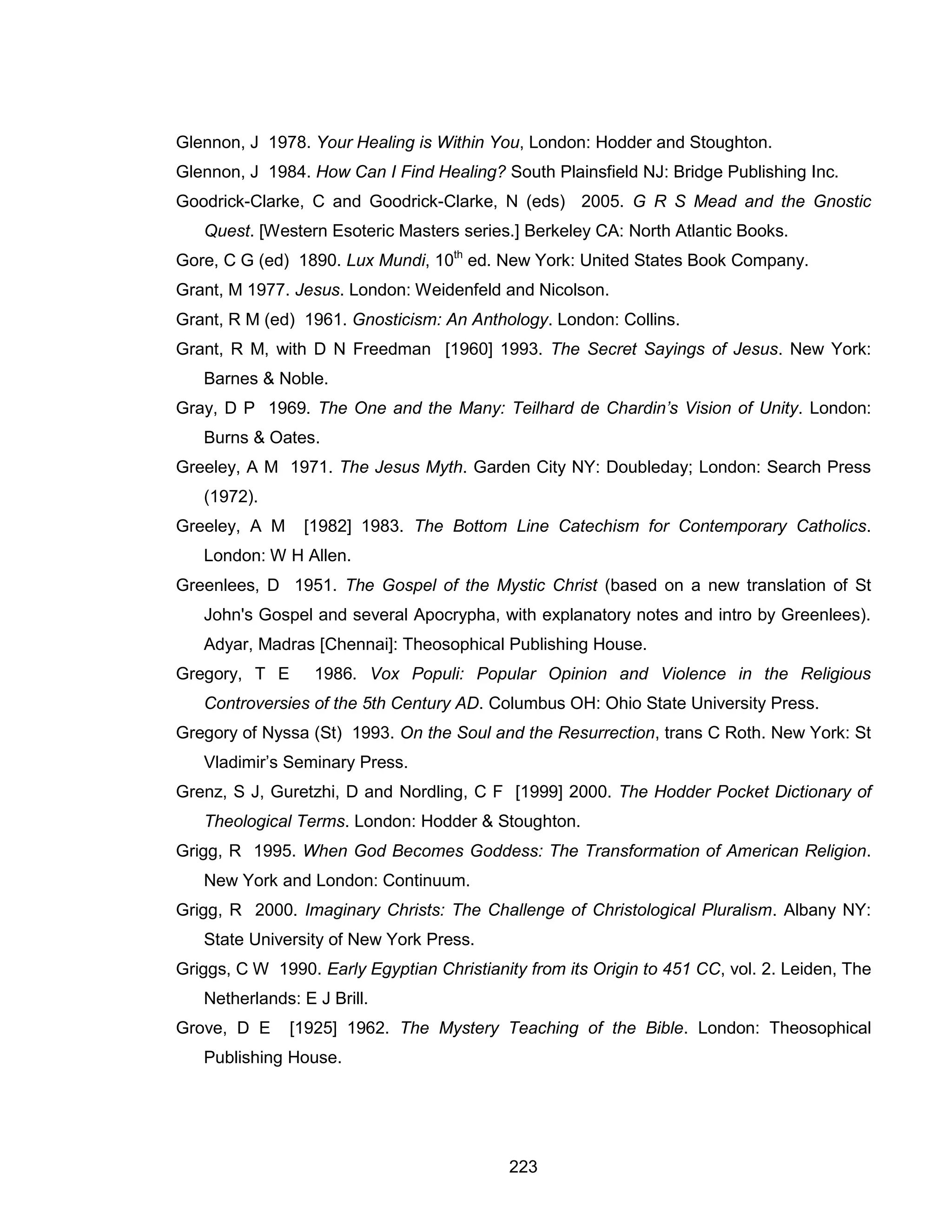 223 
Glennon, J 1978. Your Healing is Within You, London: Hodder and Stoughton. 
Glennon, J 1984. How Can I Find Healing? South Plainsfield NJ: Bridge Publishing Inc. 
Goodrick-Clarke, C and Goodrick-Clarke, N (eds) 2005. G R S Mead and the Gnostic Quest. [Western Esoteric Masters series.] Berkeley CA: North Atlantic Books. 
Gore, C G (ed) 1890. Lux Mundi, 10th ed. New York: United States Book Company. 
Grant, M 1977. Jesus. London: Weidenfeld and Nicolson. 
Grant, R M (ed) 1961. Gnosticism: An Anthology. London: Collins. 
Grant, R M, with D N Freedman [1960] 1993. The Secret Sayings of Jesus. New York: Barnes & Noble. 
Gray, D P 1969. The One and the Many: Teilhard de Chardin’s Vision of Unity. London: Burns & Oates. 
Greeley, A M 1971. The Jesus Myth. Garden City NY: Doubleday; London: Search Press (1972). 
Greeley, A M [1982] 1983. The Bottom Line Catechism for Contemporary Catholics. London: W H Allen. 
Greenlees, D 1951. The Gospel of the Mystic Christ (based on a new translation of St John's Gospel and several Apocrypha, with explanatory notes and intro by Greenlees). Adyar, Madras [Chennai]: Theosophical Publishing House. 
Gregory, T E 1986. Vox Populi: Popular Opinion and Violence in the Religious Controversies of the 5th Century AD. Columbus OH: Ohio State University Press. 
Gregory of Nyssa (St) 1993. On the Soul and the Resurrection, trans C Roth. New York: St Vladimir’s Seminary Press. 
Grenz, S J, Guretzhi, D and Nordling, C F [1999] 2000. The Hodder Pocket Dictionary of Theological Terms. London: Hodder & Stoughton. 
Grigg, R 1995. When God Becomes Goddess: The Transformation of American Religion. New York and London: Continuum. 
Grigg, R 2000. Imaginary Christs: The Challenge of Christological Pluralism. Albany NY: State University of New York Press. 
Griggs, C W 1990. Early Egyptian Christianity from its Origin to 451 CC, vol. 2. Leiden, The Netherlands: E J Brill. 
Grove, D E [1925] 1962. The Mystery Teaching of the Bible. London: Theosophical Publishing House.  