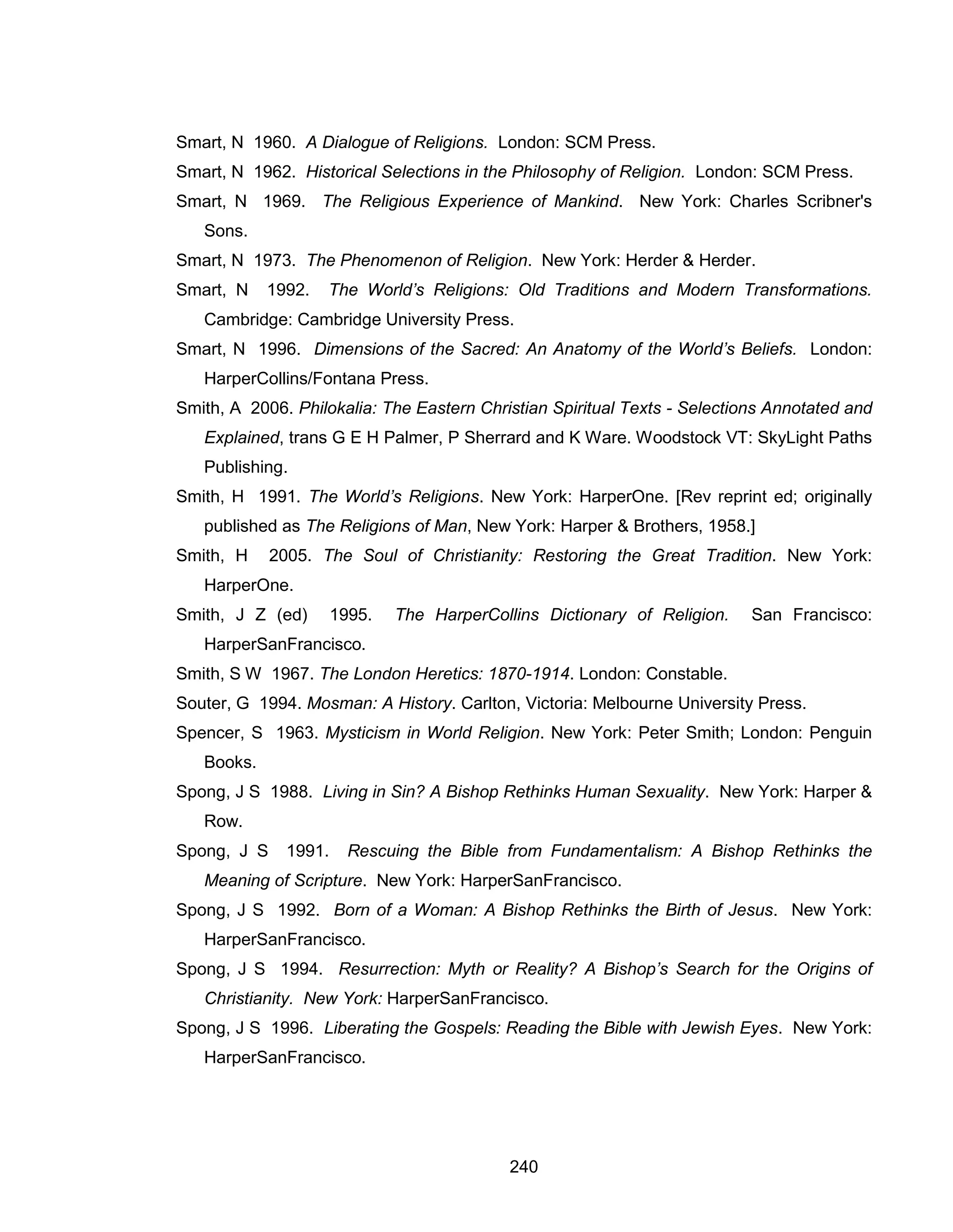 240 
Smart, N 1960. A Dialogue of Religions. London: SCM Press. 
Smart, N 1962. Historical Selections in the Philosophy of Religion. London: SCM Press. 
Smart, N 1969. The Religious Experience of Mankind. New York: Charles Scribner's Sons. 
Smart, N 1973. The Phenomenon of Religion. New York: Herder & Herder. 
Smart, N 1992. The World’s Religions: Old Traditions and Modern Transformations. Cambridge: Cambridge University Press. 
Smart, N 1996. Dimensions of the Sacred: An Anatomy of the World’s Beliefs. London: HarperCollins/Fontana Press. 
Smith, A 2006. Philokalia: The Eastern Christian Spiritual Texts - Selections Annotated and Explained, trans G E H Palmer, P Sherrard and K Ware. Woodstock VT: SkyLight Paths Publishing. 
Smith, H 1991. The World’s Religions. New York: HarperOne. [Rev reprint ed; originally published as The Religions of Man, New York: Harper & Brothers, 1958.] 
Smith, H 2005. The Soul of Christianity: Restoring the Great Tradition. New York: HarperOne. 
Smith, J Z (ed) 1995. The HarperCollins Dictionary of Religion. San Francisco: HarperSanFrancisco. 
Smith, S W 1967. The London Heretics: 1870-1914. London: Constable. 
Souter, G 1994. Mosman: A History. Carlton, Victoria: Melbourne University Press. 
Spencer, S 1963. Mysticism in World Religion. New York: Peter Smith; London: Penguin Books. 
Spong, J S 1988. Living in Sin? A Bishop Rethinks Human Sexuality. New York: Harper & Row. 
Spong, J S 1991. Rescuing the Bible from Fundamentalism: A Bishop Rethinks the Meaning of Scripture. New York: HarperSanFrancisco. 
Spong, J S 1992. Born of a Woman: A Bishop Rethinks the Birth of Jesus. New York: HarperSanFrancisco. 
Spong, J S 1994. Resurrection: Myth or Reality? A Bishop’s Search for the Origins of Christianity. New York: HarperSanFrancisco. 
Spong, J S 1996. Liberating the Gospels: Reading the Bible with Jewish Eyes. New York: HarperSanFrancisco.  