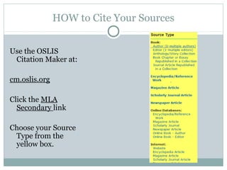 HOW to Cite Your Sources


Use the OSLIS
 Citation Maker at:

cm.oslis.org

Click the MLA
  Secondary link

Choose your Source
 Type from the
 yellow box.
 