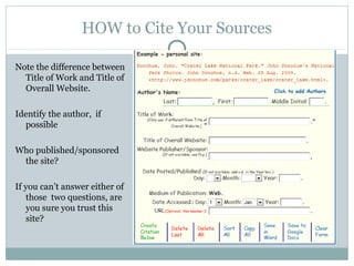 HOW to Cite Your Sources

Note the difference between
  Title of Work and Title of
  Overall Website.

Identify the author, if
  possible

Who published/sponsored
 the site?

If you can’t answer either of
   those two questions, are
   you sure you trust this
   site?
 