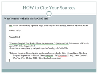 HOW to Cite Your Sources

What’s wrong with this Works Cited list?
 
